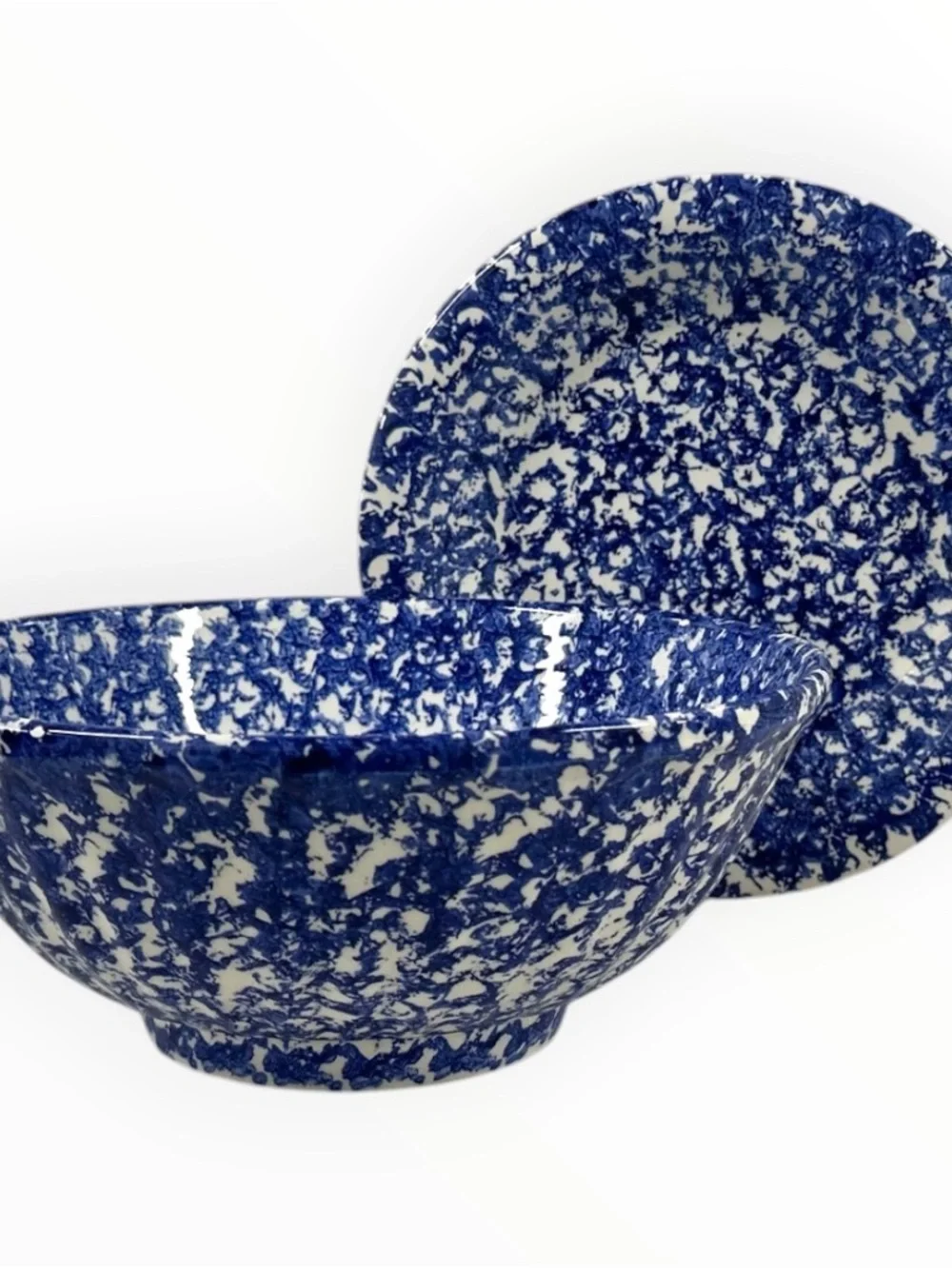 Vintage ISG Italy Blue Spongeware Pasta Bowl & Dinner Plate Set 10.5” Stoneware